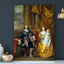 Load image into Gallery viewer, A portrait of a family dressed in golden royal clothes stands on a white table near a golden vase