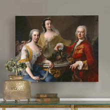 Load image into Gallery viewer, A portrait of a family dressed in red royal clothes hangs on a gray wall near a golden vase
