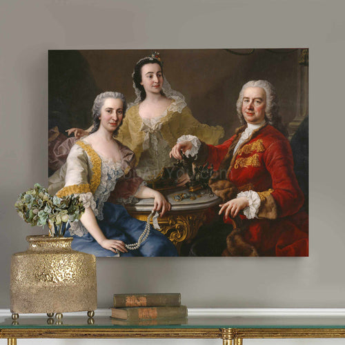 A portrait of a family dressed in red royal clothes hangs on a gray wall near a golden vase
