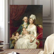 Load image into Gallery viewer, Portrait of a family dressed in white royal attires stands on a wooden floor near a gray wall