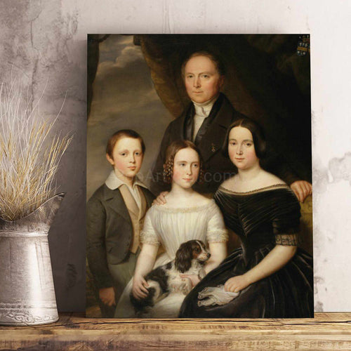 A portrait of a family dressed in black royal clothes stands on a wooden shelf near a gray vase