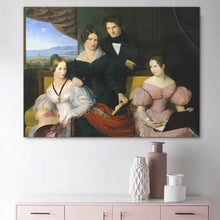 Load image into Gallery viewer, A portrait of a family dressed in historical royal clothes hangs on a white wall above three vases