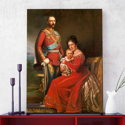 A portrait of a family dressed in red regal attires stands on a red table near a white vase