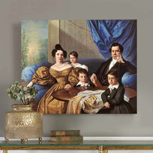 Load image into Gallery viewer, A portrait of a family dressed in historical regal attires hangs on a gray wall near a golden vase