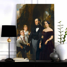 Load image into Gallery viewer, A portrait of a family dressed in black regal attires stands on a black table near a white vase
