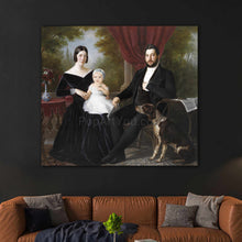 Load image into Gallery viewer, Portrait of a family dressed in black royal clothes hangs on a black wall above a brown sofa