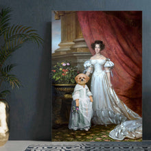 Load image into Gallery viewer, Portrait of a woman and a cat with a human body, dressed in white royal attires, stands on a gray floor near a golden vase