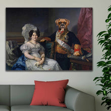 Load image into Gallery viewer, Portrait of a woman and her dog dressed in historical royal clothes hangs on the gray wall above the sofa
