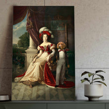 Load image into Gallery viewer, Portrait of a woman and a dog with a human body, dressed in red royal clothes, stands on a green shelf near a flowerpot