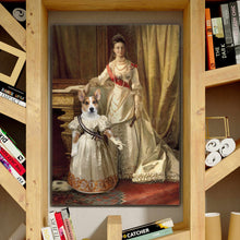Load image into Gallery viewer, Portrait of a woman and a dog with a human body dressed in historical royal attires stands on a wooden shelf near books