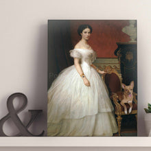 Load image into Gallery viewer, Portrait of a woman dressed in a white royal dress standing near her dog stands on a white table