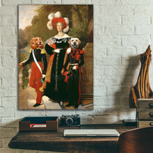 Load image into Gallery viewer, Portrait of a woman and her two dogs with human bodies dressed in black royal attires hanging on a white brick wall above the work table