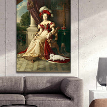 Load image into Gallery viewer, Portrait of a woman dressed in a red royal dress with a hat sitting next to her white cat hanging on a gray wall above the sofa