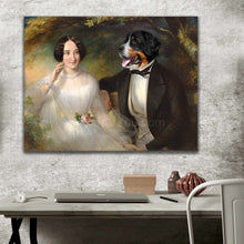 Load image into Gallery viewer, Portrait of a woman and her dog with the ebody of a man dressed in historical royal attires hanging on a gray wall above a work table