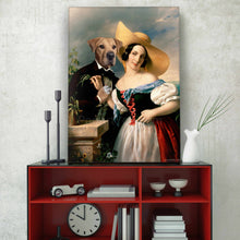Load image into Gallery viewer, Portrait of a woman and her dog with the body of a man dressed in historical regal attires stands on a red table near the clock