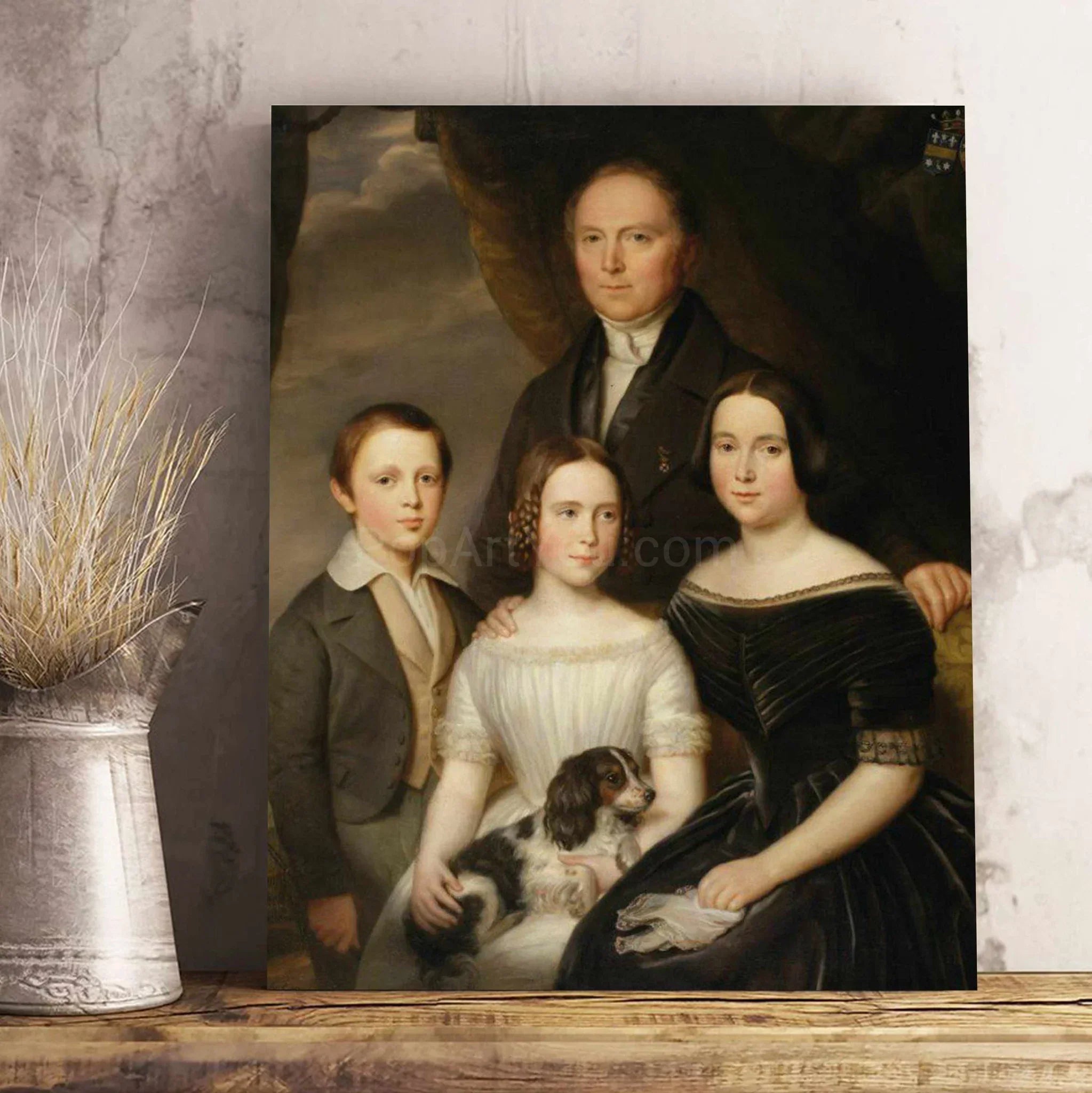 Perfect family portrait styled as royal artwork by PopArtYou showing people and pets in classical costumes