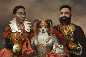 A portrait of a Couple with Pets with a wide choice of attire