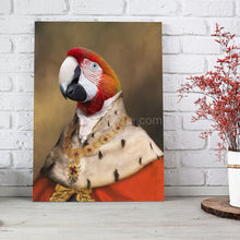 Load image into Gallery viewer, A portrait of a parrot with a human body dressed in historical royal clothes stands on a wooden floor near a white brick wall
