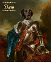 Load image into Gallery viewer, The Knight in Bronze armour male pet portrait
