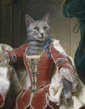 Load image into Gallery viewer, The portrait depicts a female cat with a human body dressed in a red royal dress with a white mantle
