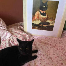 Load image into Gallery viewer, A black female cat sits near a portrait of himself with a human body dressed in a pink royal dress
