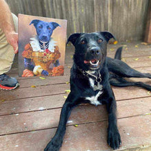 Load image into Gallery viewer, A black female dog lies beside a portrait of himself with a human body dressed in a regal gold dress
