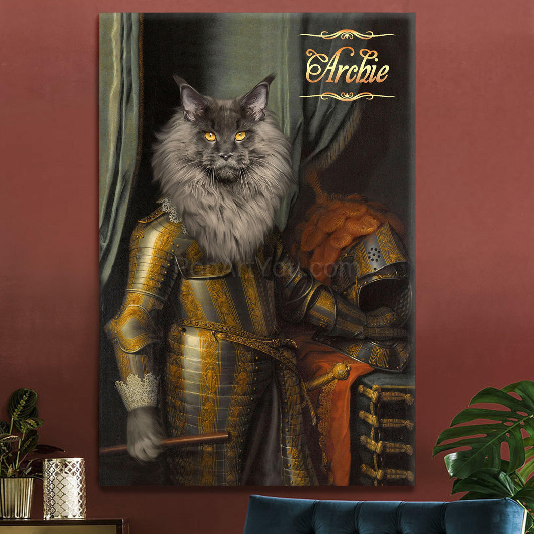 The Cavalier in armour male cat portrait