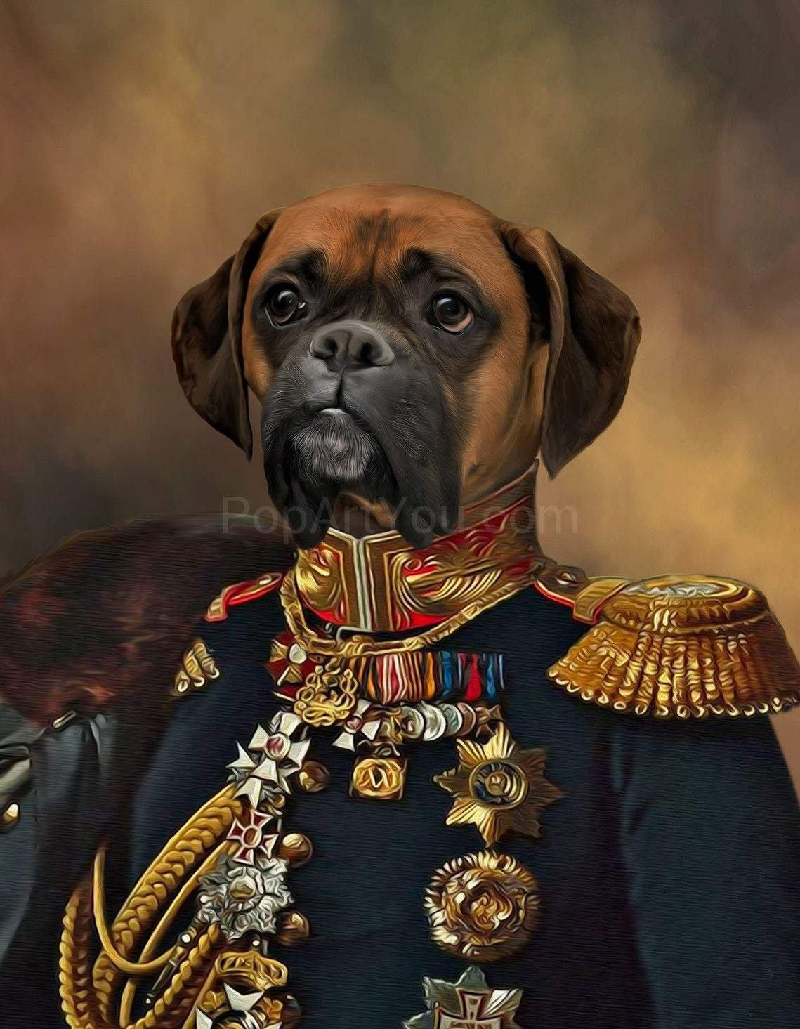The portrait of male dog with human body in a general's attire in historical style