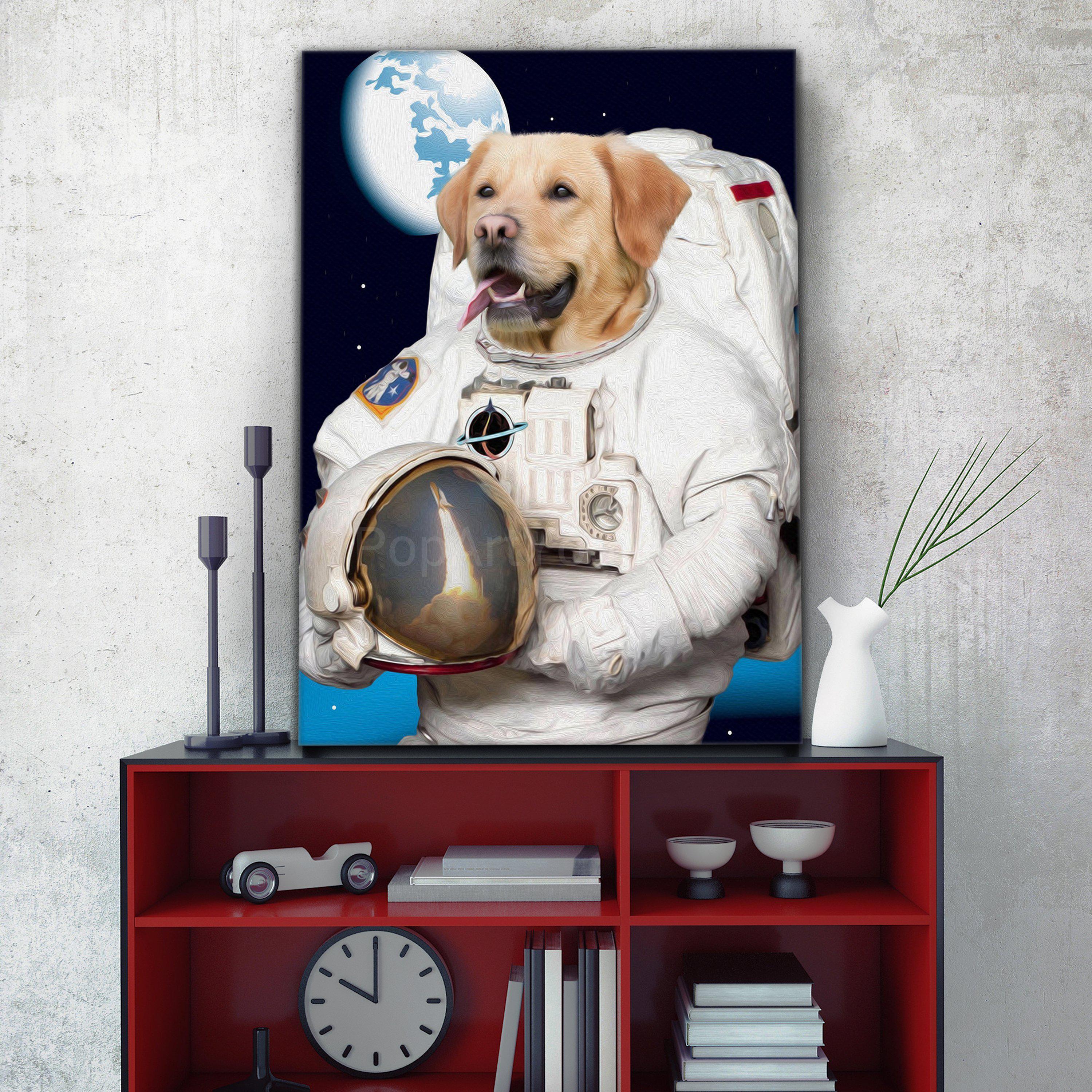 Portrait of a dog with a human body dressed in white Astronaut clothes stands on a red table near a white vase