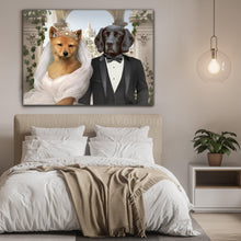 Load image into Gallery viewer, Wedding portrait of two dogs hanging on a beige wall above the bed
