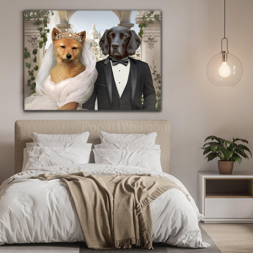 Wedding portrait of two dogs hanging on a beige wall above the bed