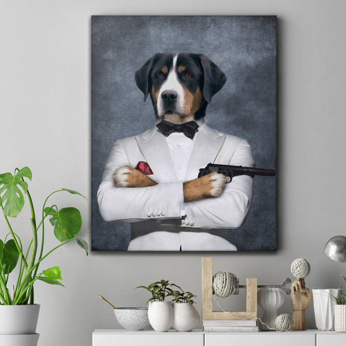Portrait of a dog dressed in white bond clothes holding a pistol hangs on a white wall near a white vase