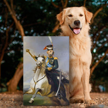 Load image into Gallery viewer, A dog stands near a portrait of himself with a human body dressed in a Napoleon costume riding a horse
