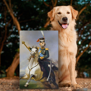 A dog stands near a portrait of himself with a human body dressed in a Napoleon costume riding a horse