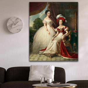Portrait of two women dressed in historical royal clothes hangs on a white wall near the clock above the sofa