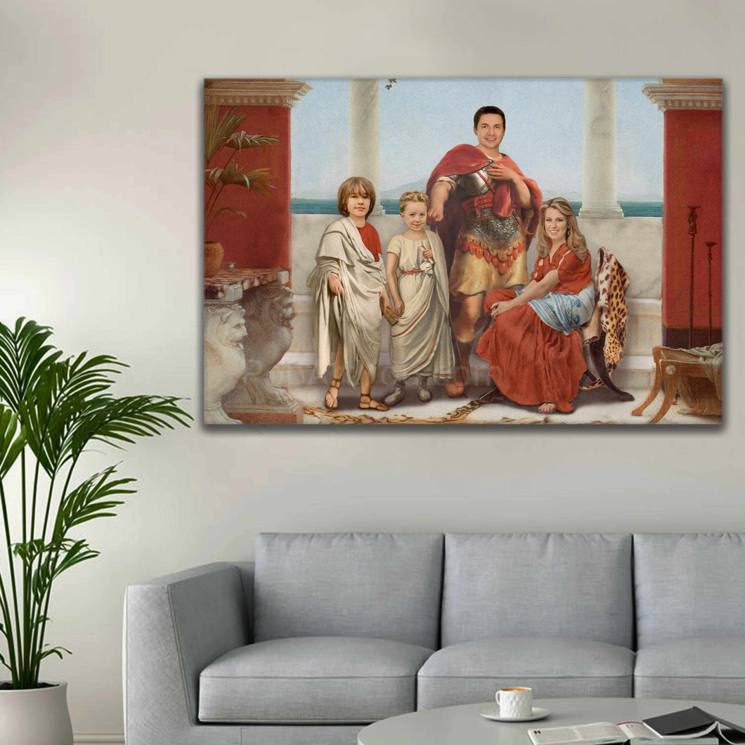 A portrait of a woman, a man and two children in historical Greek costumes hangs on the wall above the gray sofa