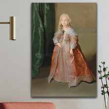 Load image into Gallery viewer, Portrait of a little girl with blond hair wearing an orange royal dress hanging on a white wall
