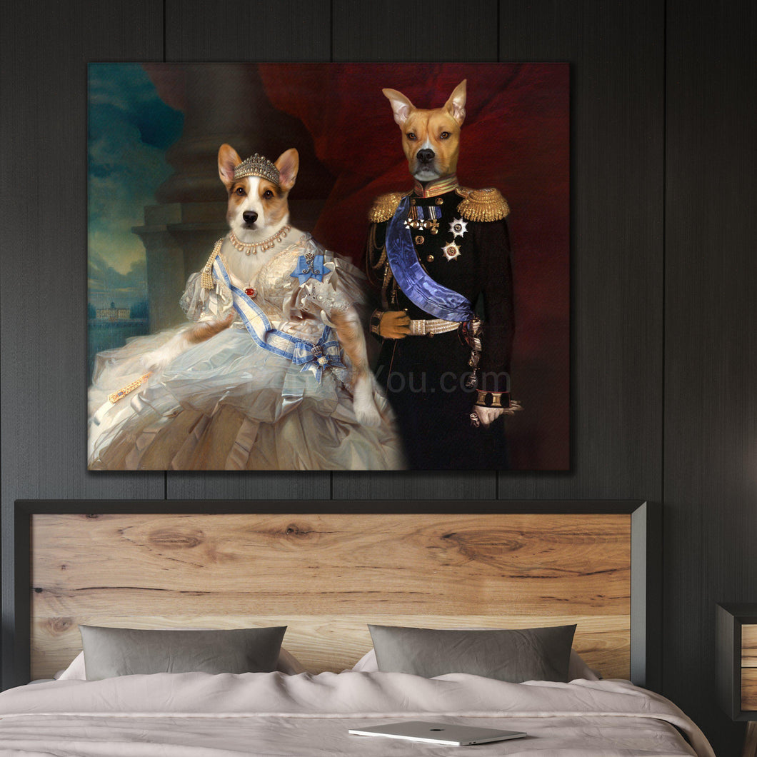 Portrait of a royal couple of two dogs hanging on a gray wall over a wooden bed