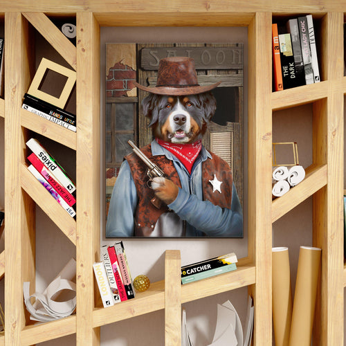 Portrait of a dog with a human body dressed in historical cowboy clothes with a hat stands on a wooden shelf near books