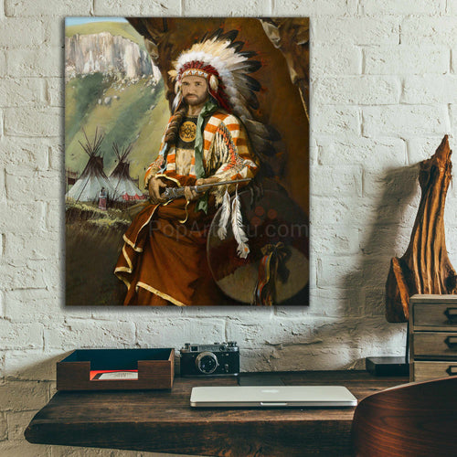 A portrait of a man dressed in a historical American Indian costume hangs on a white brick wall