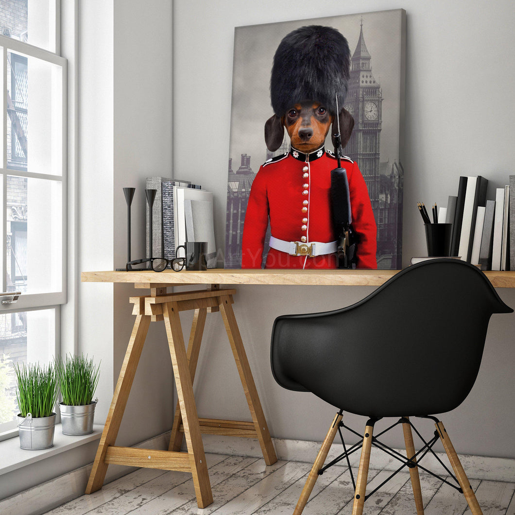 Portrait of a dog with a human body dressed in red attire of a British sentry stands on a wooden table near books