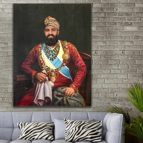 A portrait of a man dressed in historical royal clothes hangs on the gray brick wall above the sofa