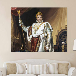 A portrait of a man dressed in regal attire hangs over the sofa
