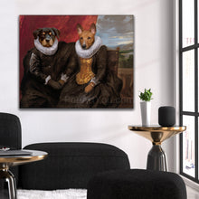Load image into Gallery viewer, Portrait of a married couple of two dogs with human bodies dressed in black clothes hanging on a white wall near black armchairs
