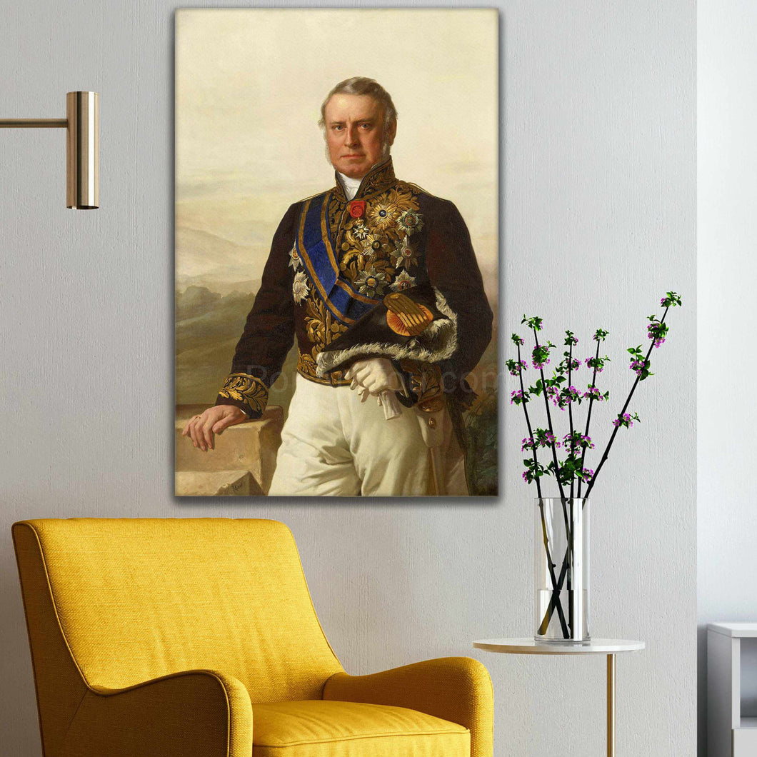 Opposite the yellow armchair on the wall hangs a portrait of a man dressed in a royal costume