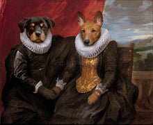 Load image into Gallery viewer, The portrait shows a married couple of two dogs dressed in black clothes sitting on chairs
