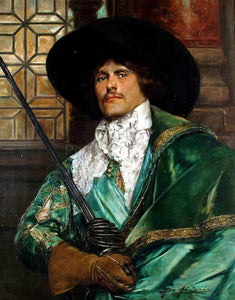 The portrait shows a man with a mustache dressed in green regal attire with a hat