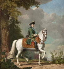 Load image into Gallery viewer, The portrait shows a man near a tree sitting on a horse dressed in renaissance regal attire
