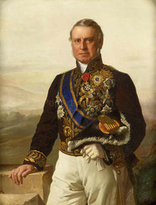 The portrait depicts an elderly man in the background of nature, dressed in a regal costume