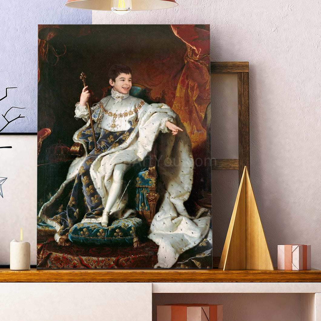 Portrait of a boy dressed in royal clothes stands on a wooden shelf near a candle